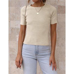ANRABESS Women's Short Sleeve Ribbed Knit Top - Slim Fit Crewneck Basic Tee For Summer - View #6